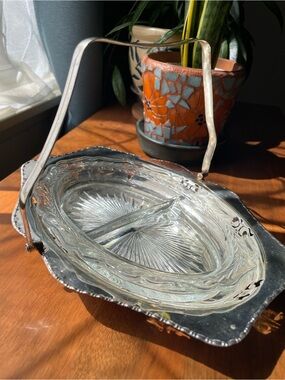 Vintage Glass Divided Relish Dish with Silver Plated holder
